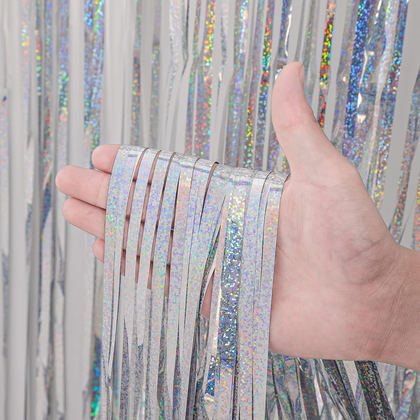 Voircoloria Laser Silver Foil Fringe Backdrop Curtains - 3 Pack 3.3x8.2 Feet for Parties & Events