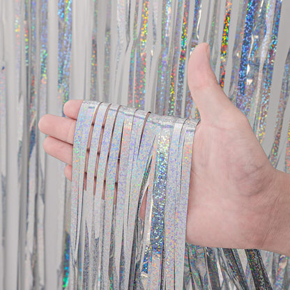 Voircoloria Laser Silver Foil Fringe Backdrop Curtains - 3 Pack 3.3x8.2 Feet for Parties & Events
