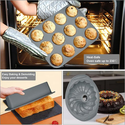 Aschef 9-In-1 Nonstick Silicone Baking Set - Versatile Bakeware Kit for Cakes, Muffins & More | Heat Resistant Molds & Tray