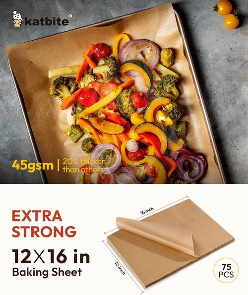 Katbite Unbleached Parchment Paper Sheets - 75 Pcs Heavy Duty Non-Stick 12x16 IN for Baking & Air Frying