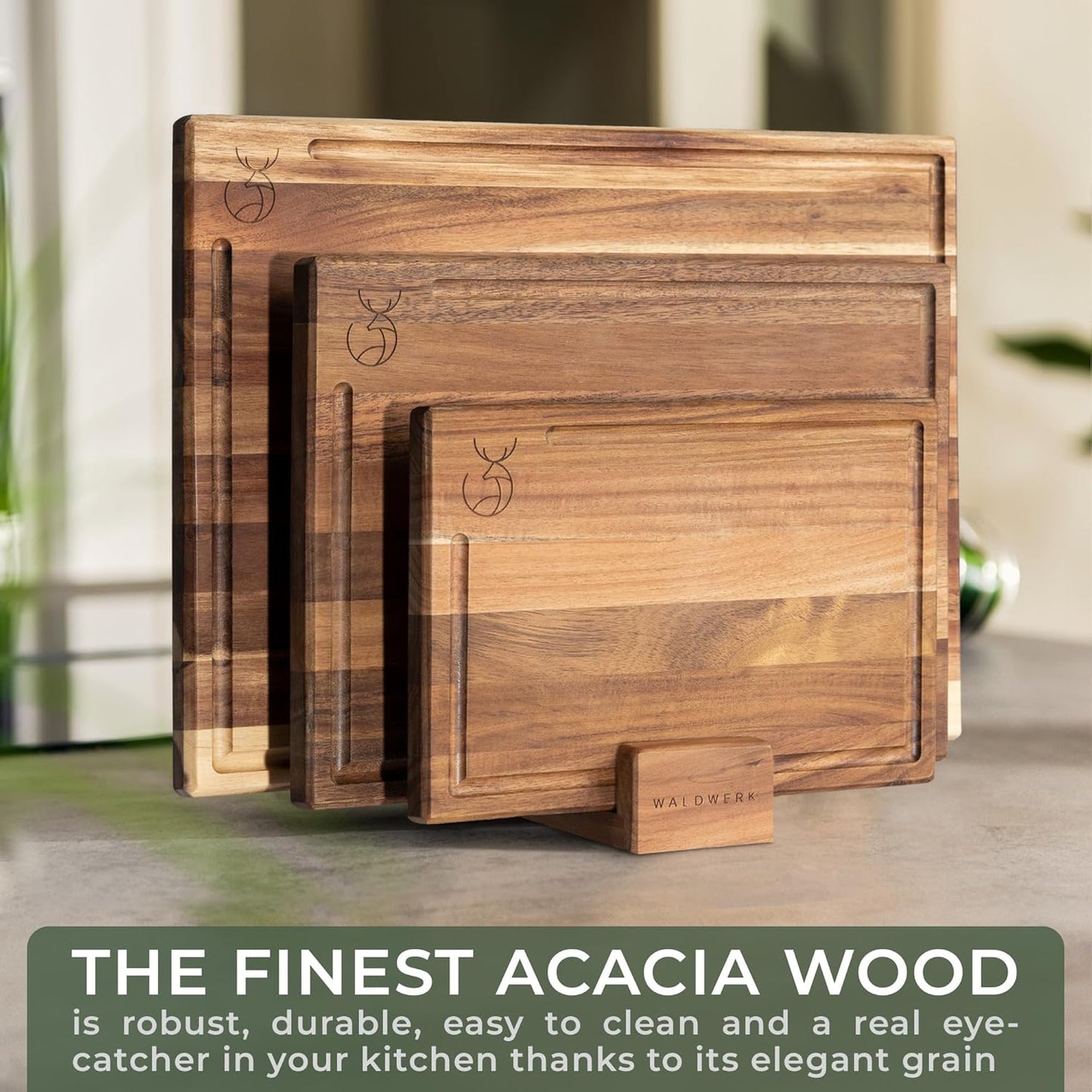 WALDWERK Cutting Board Set - Solid Acacia Wood Kitchen Boards | 15.75 x 12 in, 0.8 in Thick