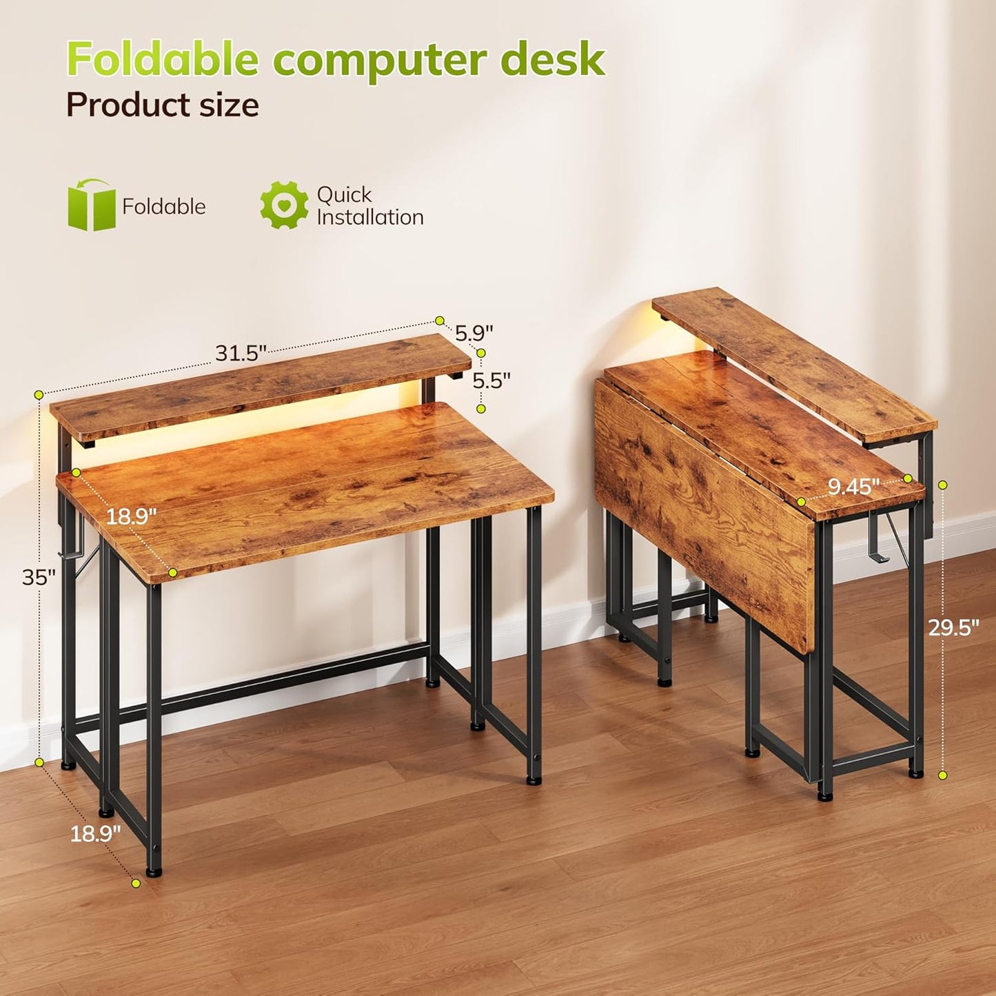 DurayLoly Folding Desk - Compact Computer Desk with Monitor Stand & LED Lights | 31.5 Inch Rustic Brown