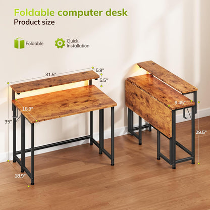 DurayLoly Folding Desk - Compact Computer Desk with Monitor Stand & LED Lights | 31.5 Inch Rustic Brown
