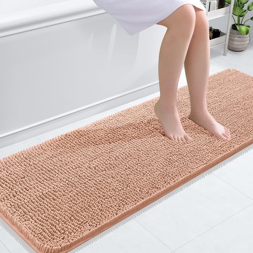 OLANLY Bathroom Rugs 59x20, Extra Soft Absorbent Chenille Bath Rugs, Rubber Backing Quick Dry, Machine Washable Bath Mats for Bathroom Floor, Tub and Shower, Home Decor Accessories, Peach
