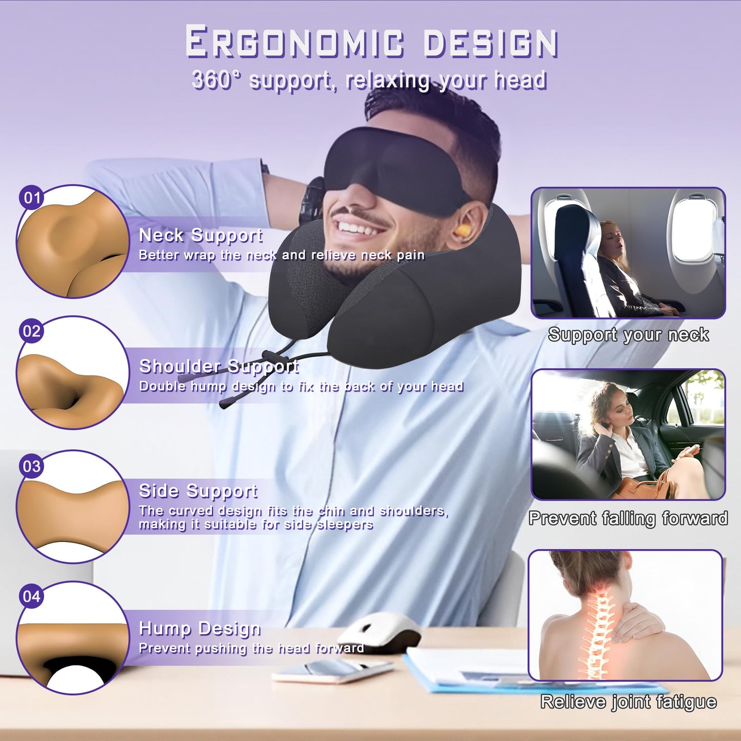 Phent zari Neck Travel Pillow, Upgraded Memory Foam Pillow for Airplane, Machine Washable, Adjustable Flight Pillow, Suitable for Sleeping Airplane, Car, Office and Home (Black)