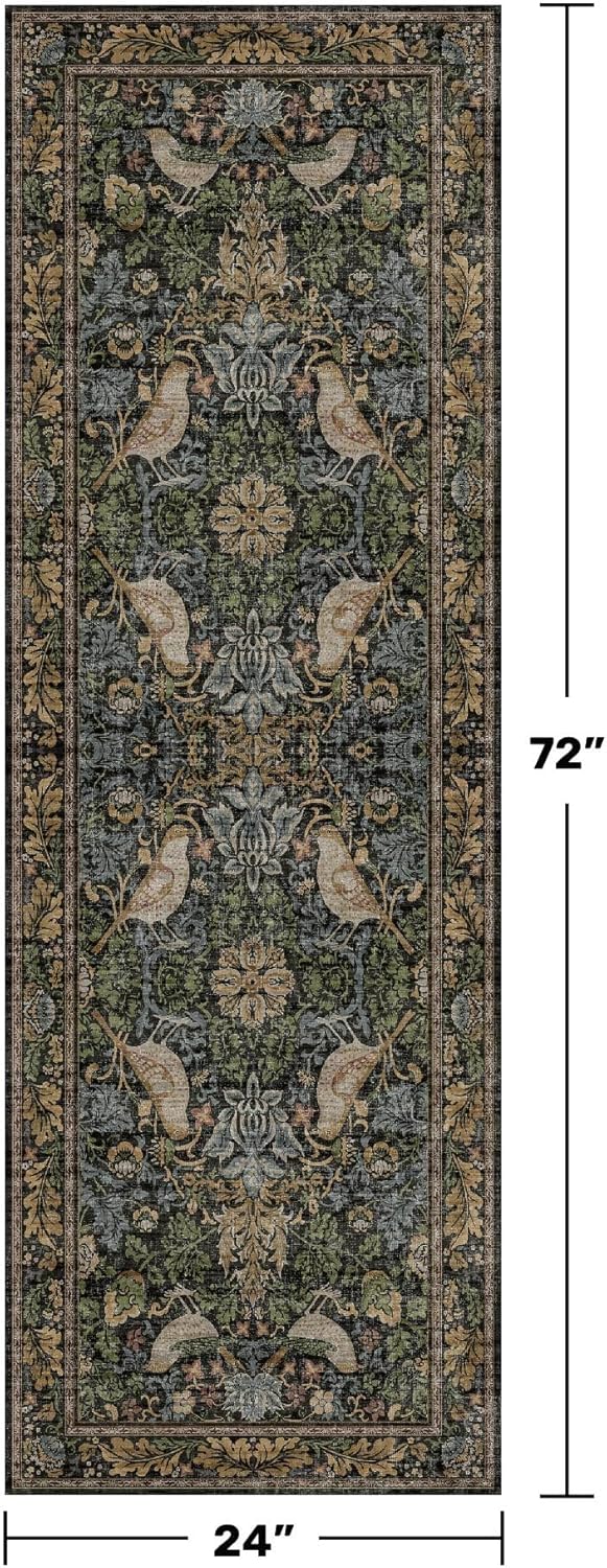 Skiennix Floral Kitchen Runner Rug - Boho Birds & Leaves Pattern | 2x6 Non-Slip, Washable Design for Hallway & Entryway