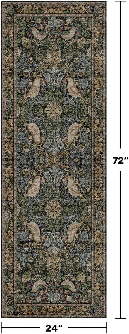Skiennix Floral Kitchen Runner Rug - Boho Birds & Leaves Pattern | 2x6 Non-Slip, Washable Design for Hallway & Entryway