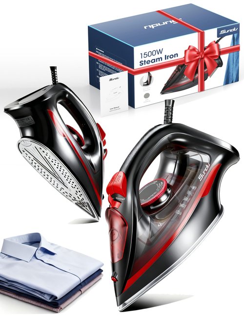 1500W Red Steam Iron for Clothes, 350ml Water Tank with Auto-Off, Powerful Burst of Steam, Self-Clean, Anti-Calc & Anti-Drip, Ceramic Soleplate