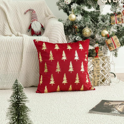 Christmas Red Velvet Throw Pillow Covers 18x18 in - Gold Foil Tree Design, Set of 2