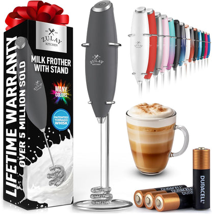 Zulay Kitchen Tornado Triple Whisk Milk Frother - Handheld Foam Maker for Coffee & Lattes - Onyx Gray