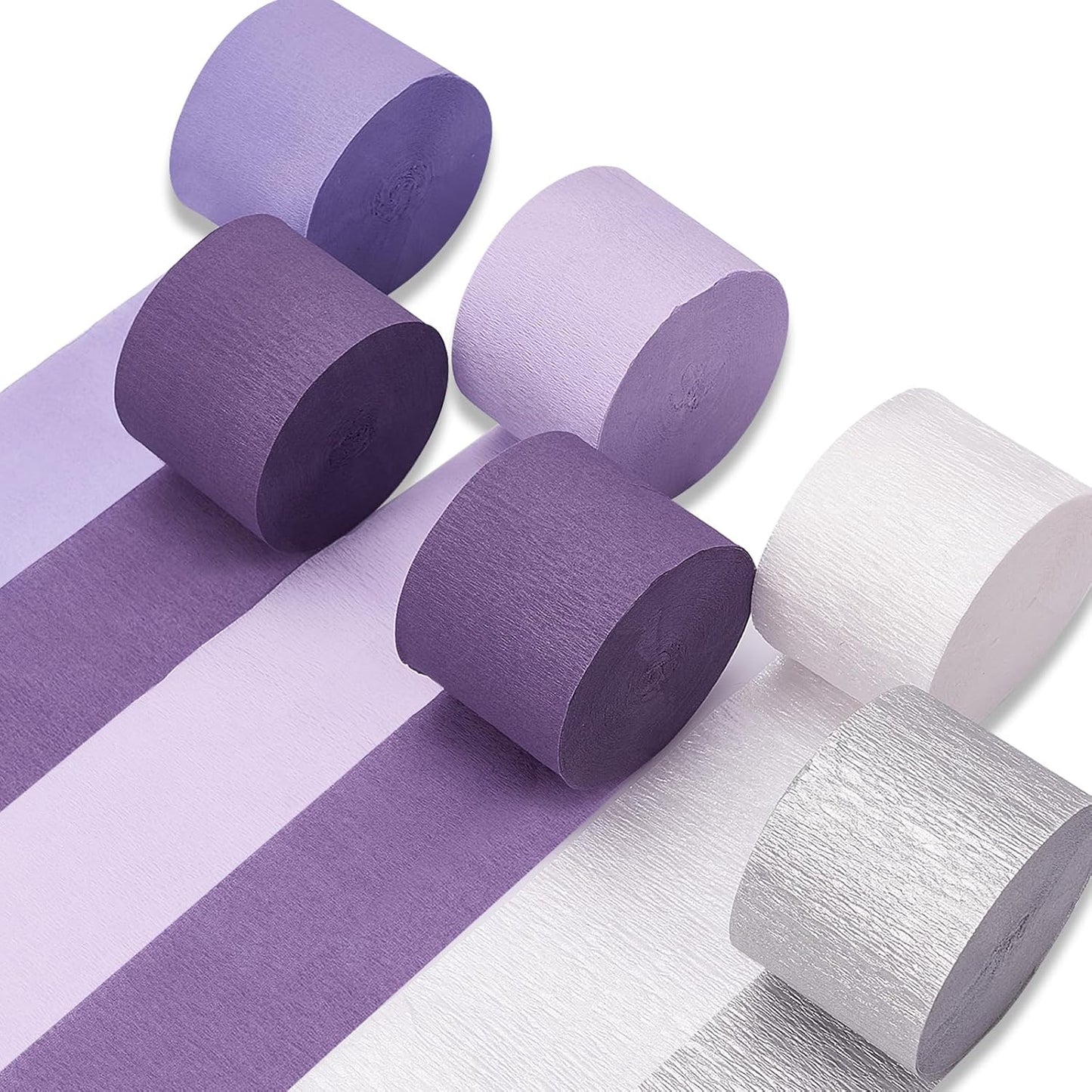 PartyWoo Crepe Paper Streamers - Metallic Silver & Purple Colors | 6 Rolls, 492ft Total for Celebrations