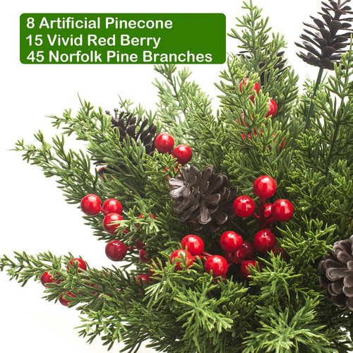 Grunyia Christmas Decorations - 68 Pcs Artificial Pine Greenery Picks with Pinecones & Berries for Holiday Decor