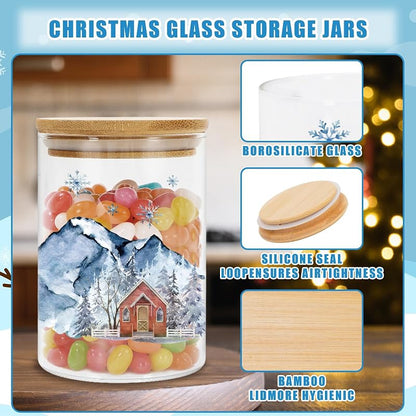 Winter Christmas Glass Storage Jars Set, 6 Pcs with Airtight Lids – Snowman & Tree Designs
