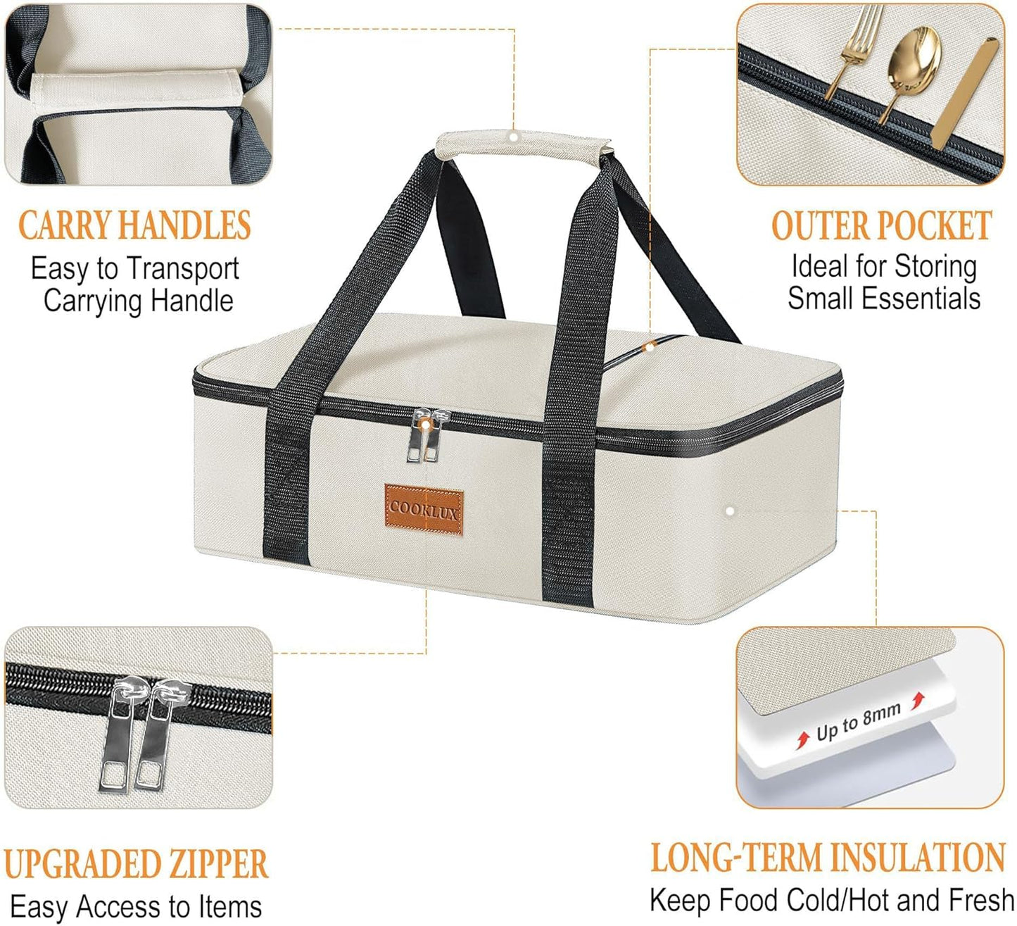 Skiennix Insulated Casserole Carrier - Durable Nylon Bag for 9"x13" Dish | Leak-Proof, Beige, Perfect for Travel & Picnics