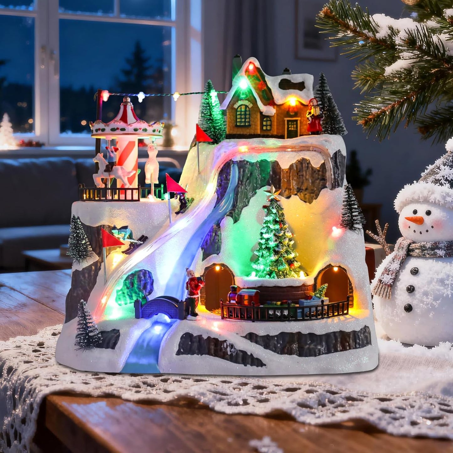 Wonder Garden Christmas Village Houses - Lighted Musical Ski Resort with Moving Train & Carousel | Collectible Indoor Decor