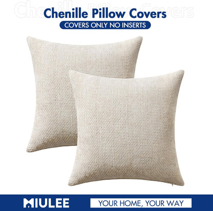 MIULEE 18x18 Inch Couch Throw Pillow Covers - Soft Chenille Beige Modern Boho Accent Pillows | Pack of 2