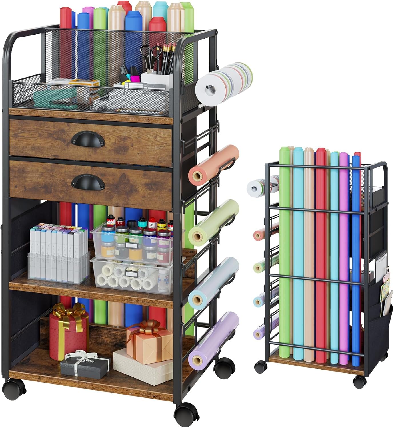 Wrapping Paper Storage Cart - Regine Switzerland Organizer with 2 Fabric Drawers & Lockable Wheels