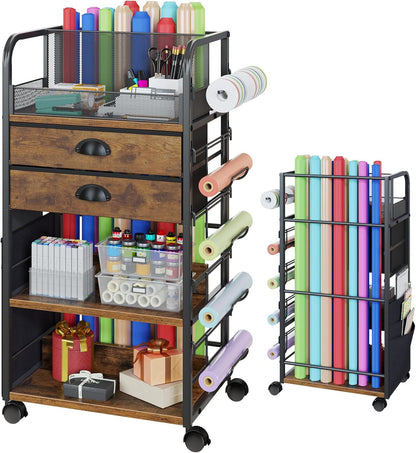 Wrapping Paper Storage Cart - Regine Switzerland Organizer with 2 Fabric Drawers & Lockable Wheels