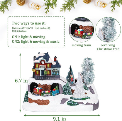Wonder Garden Christmas Village Houses - Lighted Musical Railway Station with Moving Train & Animated Figurines for Indoor Decor