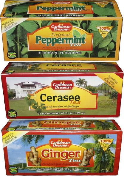 Caribbean Dreams Tea Collection - Carton of Ginger Tea, a Carton of Cerasse Tea Plus a Carton of Peppermint Herbal Tea - Bundle of Three 24 Count Packs