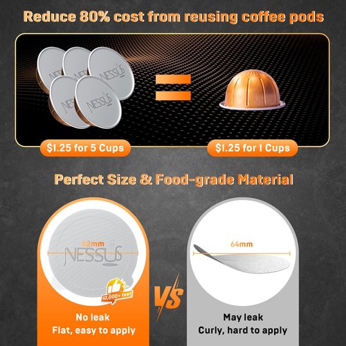 NESSUS Reusable Vertuo Pods Refill Kit, Lid Easy Remover for Vertuo Seal, 100PCS Aluminum Foil Lids for Nespresso Vertuo Pods, Tamp & Press Refillable Vertuo Capsules Holder and Brush