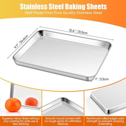 Homikit Baking Sheet Set - 2 Pack Stainless Steel Quarter Sheet Pans, 9 x 13 Inches, Non-Stick & Dishwasher Safe
