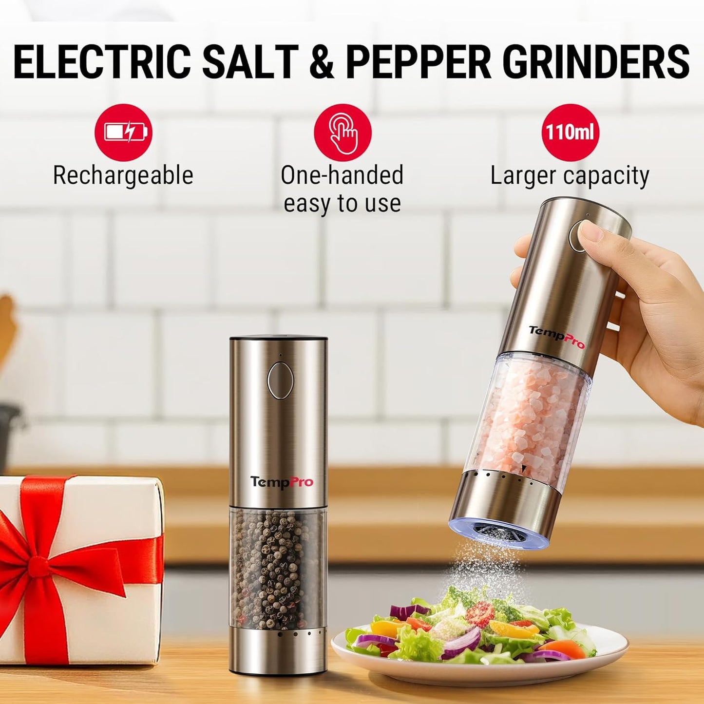 TempPro Electric Salt and Pepper Grinder Set - Rechargeable Automatic Shakers with LED | 100ml, 2-Pack