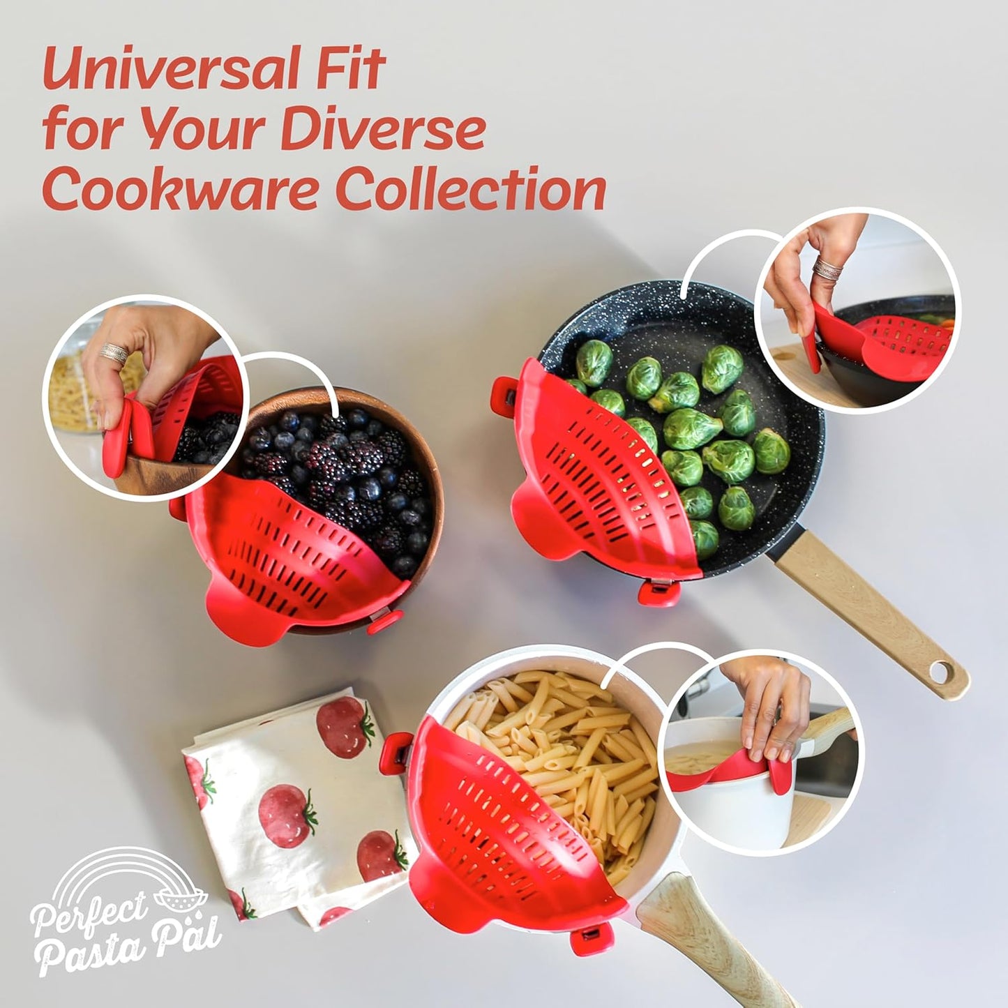 Perfect Pasta Pal Clip-On Strainer - Heat Resistant Silicone Colander for Easy Cooking | Dishwasher Safe