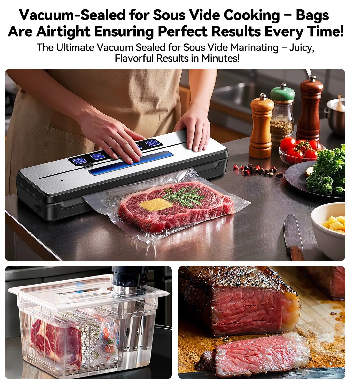 Vacuum Sealer for Food Freezer - Vacuum Sealer Machine for Meat, Sous Vide, Seal & Pre A meal, Save Food, Built-in Cutter, Compact Design, Fully Starter Kits, Sliver Black