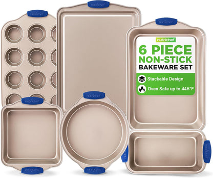 NutriChef 6-Piece Nonstick Bakeware Set - Premium Carbon Steel Trays with Heat-Safe Silicone Handles | Includes Loaf Pan, Muffin Pan, Round & Square Roasters, Cookie Sheet