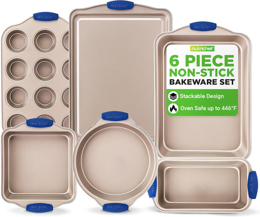 NutriChef 6-Piece Nonstick Bakeware Set - Premium Carbon Steel Trays with Heat-Safe Silicone Handles | Includes Loaf Pan, Muffin Pan, Round & Square Roasters, Cookie Sheet