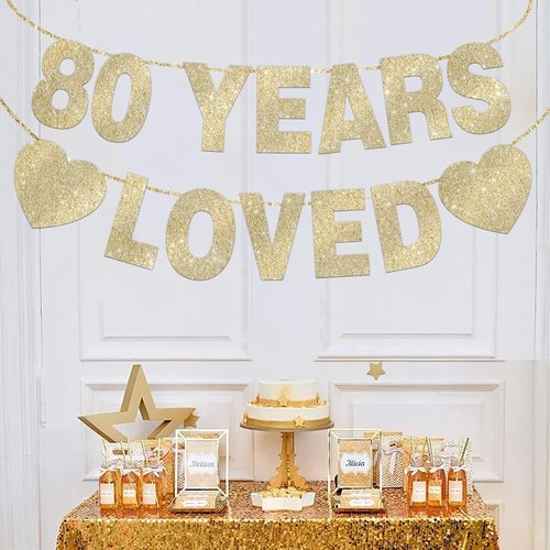 80 Years Loved Banner - Gold Glitter 80th Birthday Decorations for Men & Women | Pre-Strung Party Decor