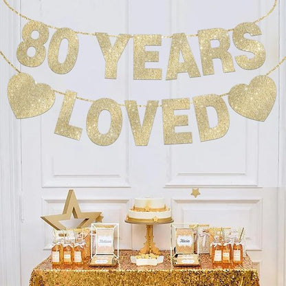 80 Years Loved Banner - Gold Glitter 80th Birthday Decorations for Men & Women | Pre-Strung Party Decor