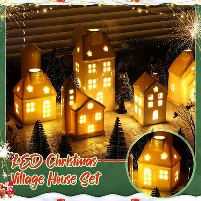 WinnerWhy 24-Piece LED Lighted Christmas Village Set - Mini Ceramic Houses & Streetlights for Festive Decor