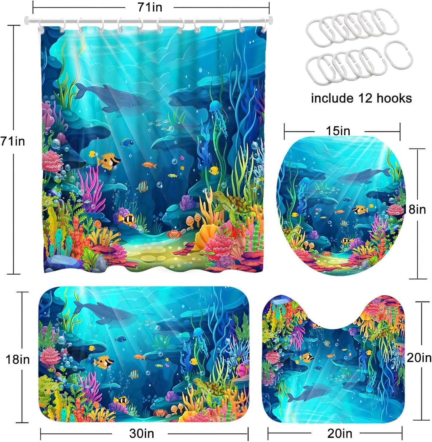 Skiennix Ocean Shower Curtain Set - Tropical Underwater World Design with Non-Slip Bath Rugs | Kids Bathroom Decor