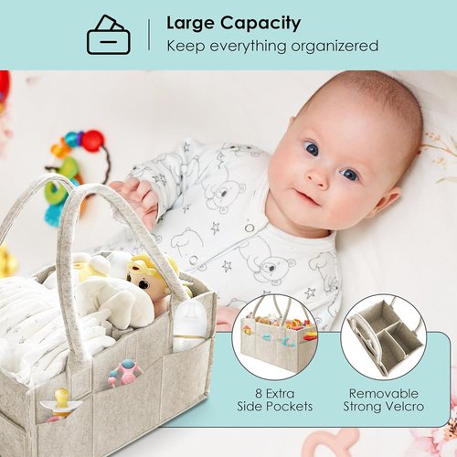 HIPHOP PANDA Diaper Caddy Organizer - Sturdy Portable Storage Bin for Newborn Essentials - Grey/Oatmeal 2-Pack