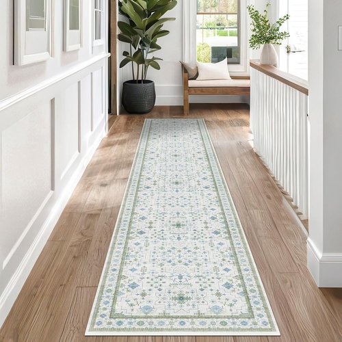 Hazo Haus Oushak Runner Rug - Floral Pastel Boho Design, Washable Low Pile, 2x10 ft - Cream, Blue & Green