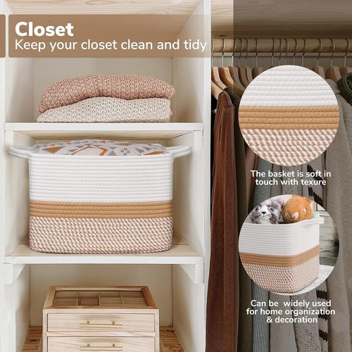 Goodpick Woven Storage Baskets - Cotton Rope Organizers for Home Decor | 13"x10"x9" Rectangle Baskets in White & Camel Mix