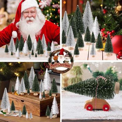 Skiennix 30Pcs Mini Christmas Trees - Artificial Bottle Brush Trees with Wooden Base | Green, Silver, White Decor