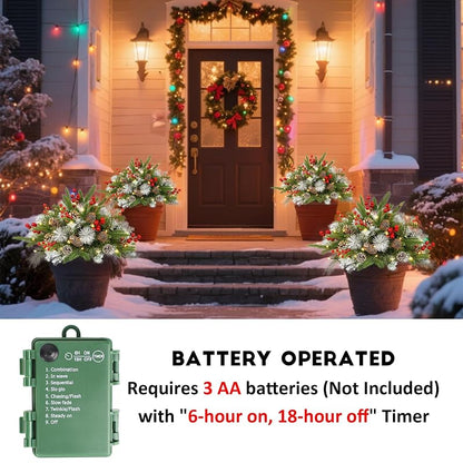 Outdoor Urn Filler Set of 2 Lighted Outdoor Christmas Trees – Battery Powered, 13.78" with 50 LEDs, Timer, Ground Stakes (Variation A)
