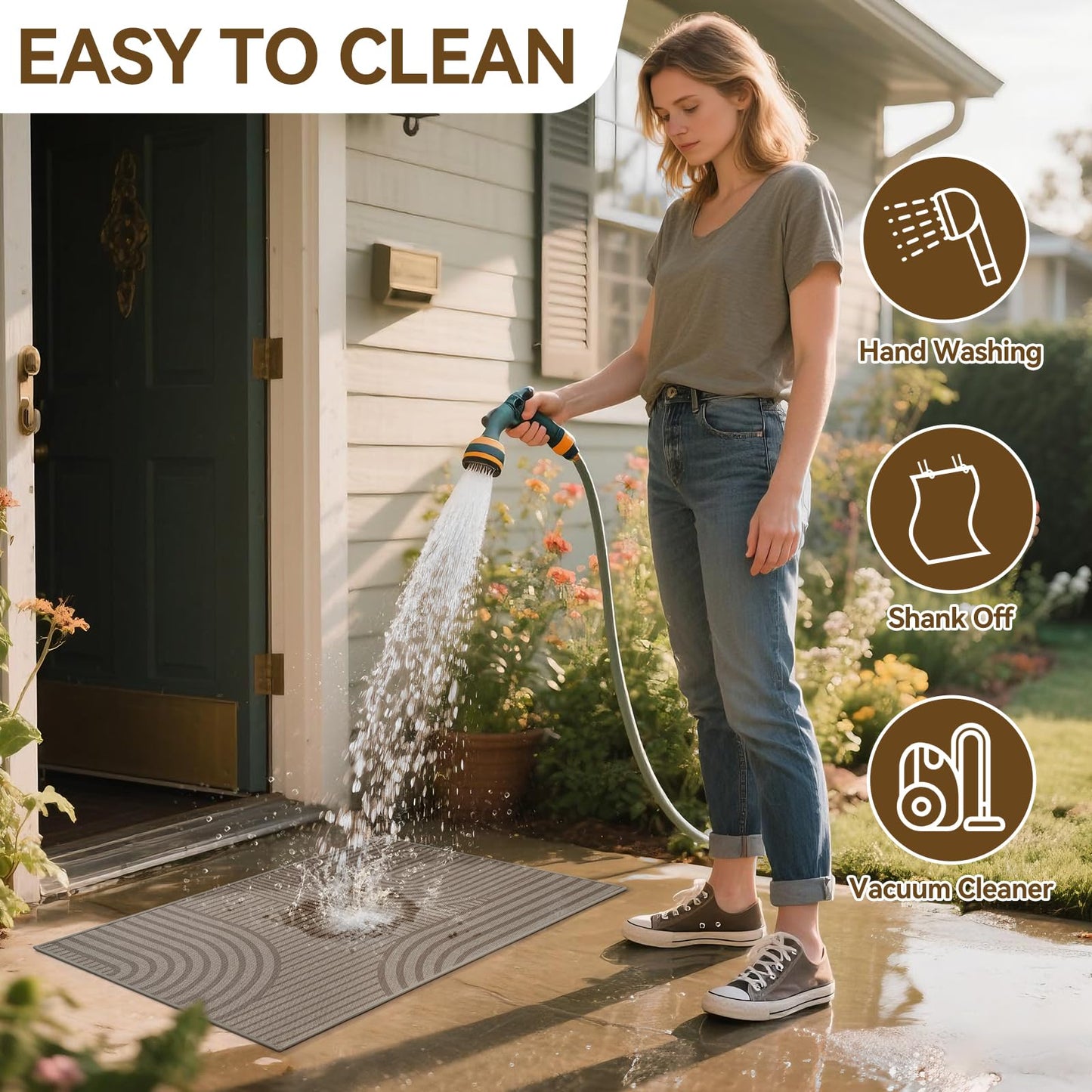 QiCaiJia Front Door Mat 17''x30'', Absorbent Dirt Resist Washable Non Slip Low-Profile Indoor Doormat, Easy Clean Welcome Entryway Door Mats, Brown