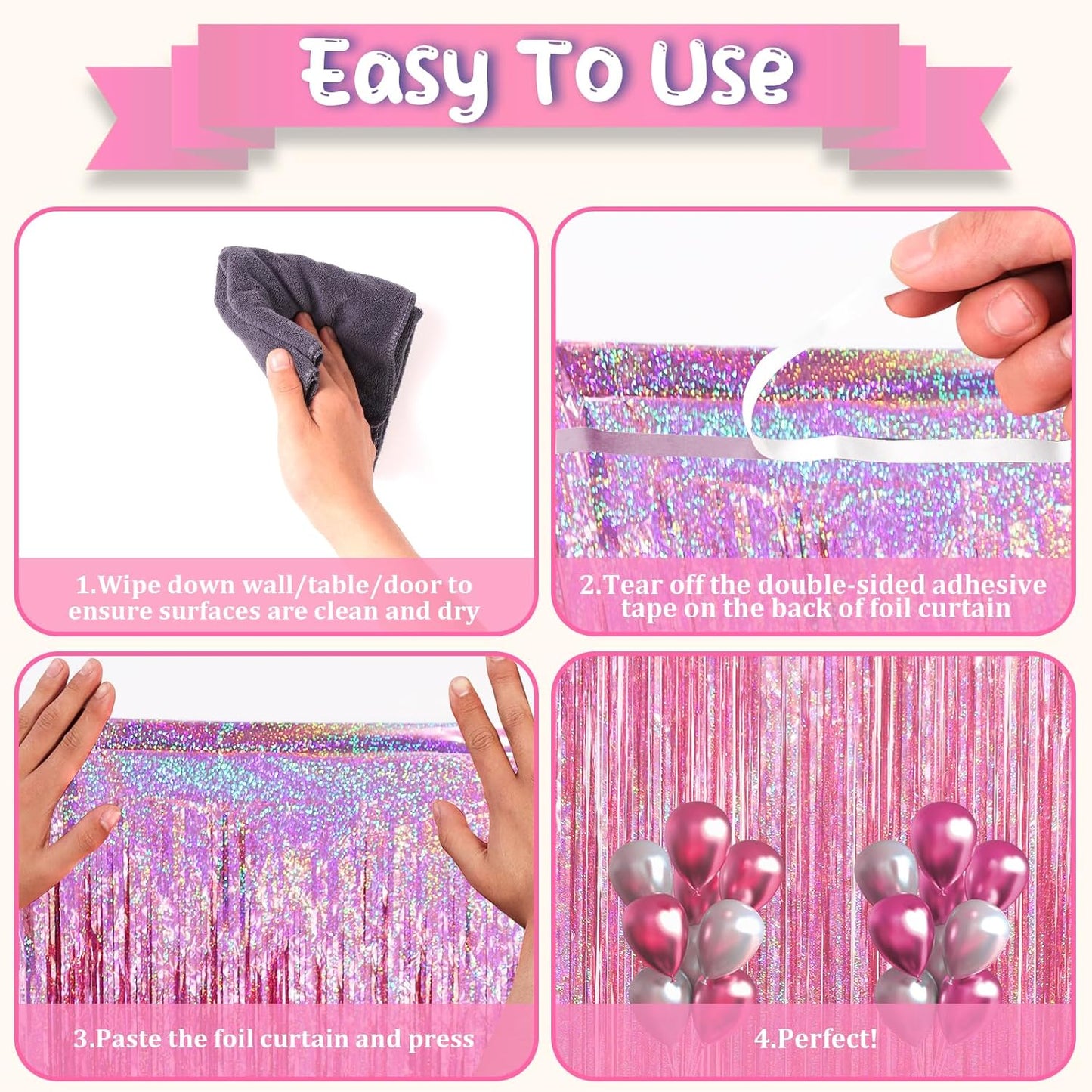 Voircoloria Laser Pink Tinsel Foil Fringe Curtains - 2 Pack Metallic Backdrop for Parties & Celebrations