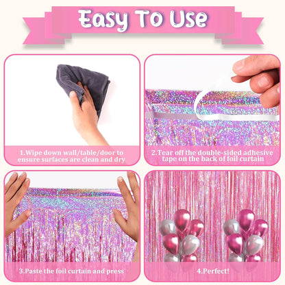 Voircoloria Laser Pink Tinsel Foil Fringe Curtains - 2 Pack Metallic Backdrop for Parties & Celebrations