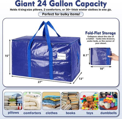 KYODOLED 6 Pack Heavy Duty Blue Moving Bags - Sturdy Storage Totes with Zipper & Handles for College Students