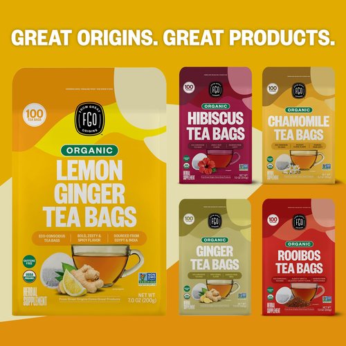 FGO Organic Lemon Ginger Tea, 100 Count, Eco-Conscious Tea Bags, Resealable Bag, Caffeine Free, Packaging May Vary (Pack of 1)