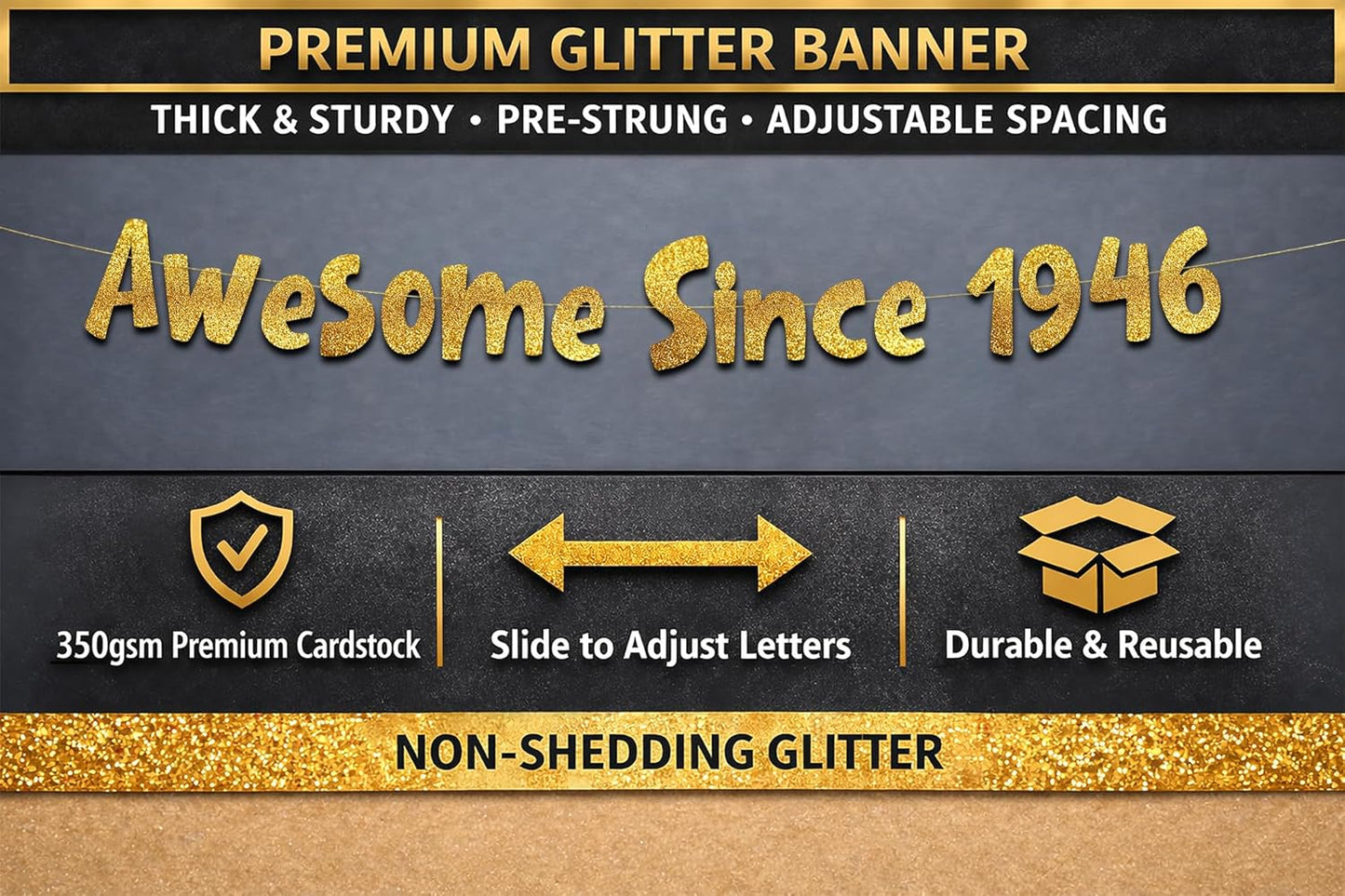Awesome Since 1946 Gold Glitter Banner - Funny 80th Birthday Decorations for Men & Women | Party Supplies