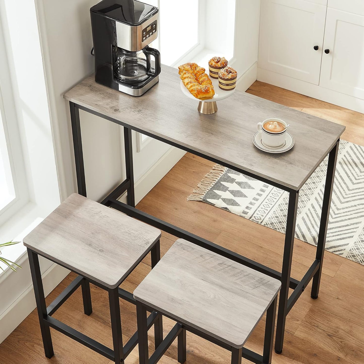 VASAGLE Bar Stools - Set of 2 Industrial Kitchen Chairs with Footrest - 25.6 Inch Tall, Greige & Black