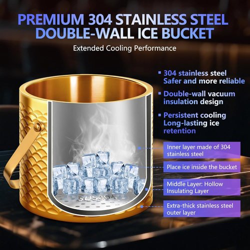 Ice Bucket, Ice Bucket with Silicone Sealing Ring Double-Wall Vacuum Insulation Champagne Buckets with Filter Layer Ice Tongs Ice Scoop (Scaled Gold, 3 L)