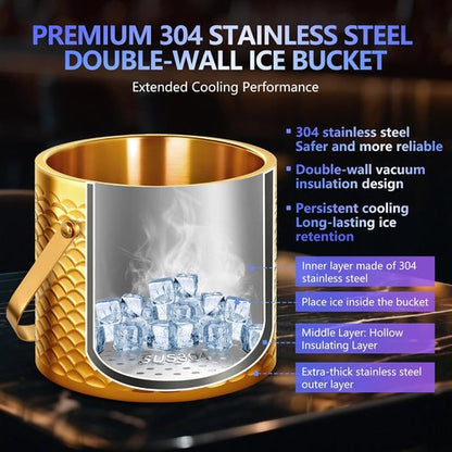 Ice Bucket, Ice Bucket with Silicone Sealing Ring Double-Wall Vacuum Insulation Champagne Buckets with Filter Layer Ice Tongs Ice Scoop (Scaled Gold, 3 L)