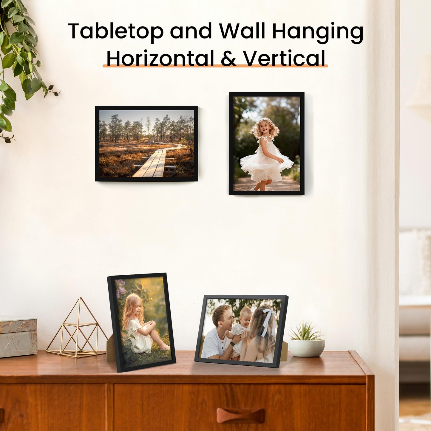 upsimples 5x7 Picture Frame Set of 3, Made of High Definition Glass for 5 x 7 Black Frames, Wall and Tabletop Display Thin Border Photo Frame for Home Décor
